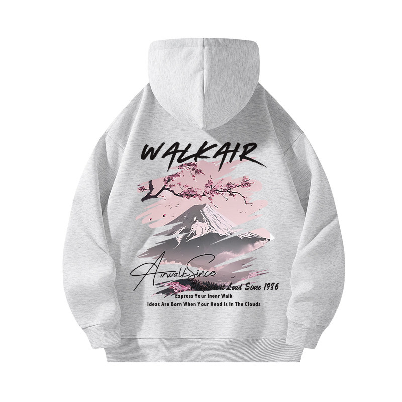 复古樱花富士山印花连帽卫衣男女宽松美式高街风帽衫