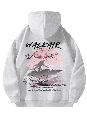 复古樱花富士山印花连帽卫衣男女宽松美式高街风帽衫