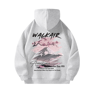 复古樱花富士山印花连帽卫衣男女宽松美式 高街风帽衫