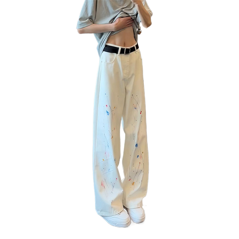 美式涂鸦风泼墨牛仔裤潮牌高街阔腿裤直筒长裤
