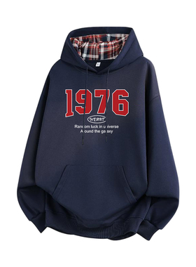 美式复古1976字母印花连帽卫衣男女情侣款格子帽子加绒百搭潮