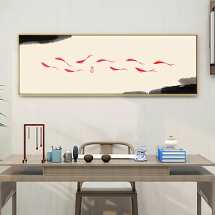 饰画墙壁挂画横版 九条鱼壁画九鱼图玄关画 客厅沙发背景墙装 新中式