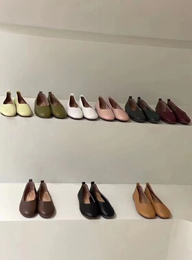 opel真皮女鞋一脚蹬懒人鞋软底奶奶鞋舒适圆头浅口平底鞋单鞋韩国
