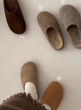 opel女鞋秋冬新款包头勃肯半拖加绒毛毛拖鞋室内居家舒适懒人拖