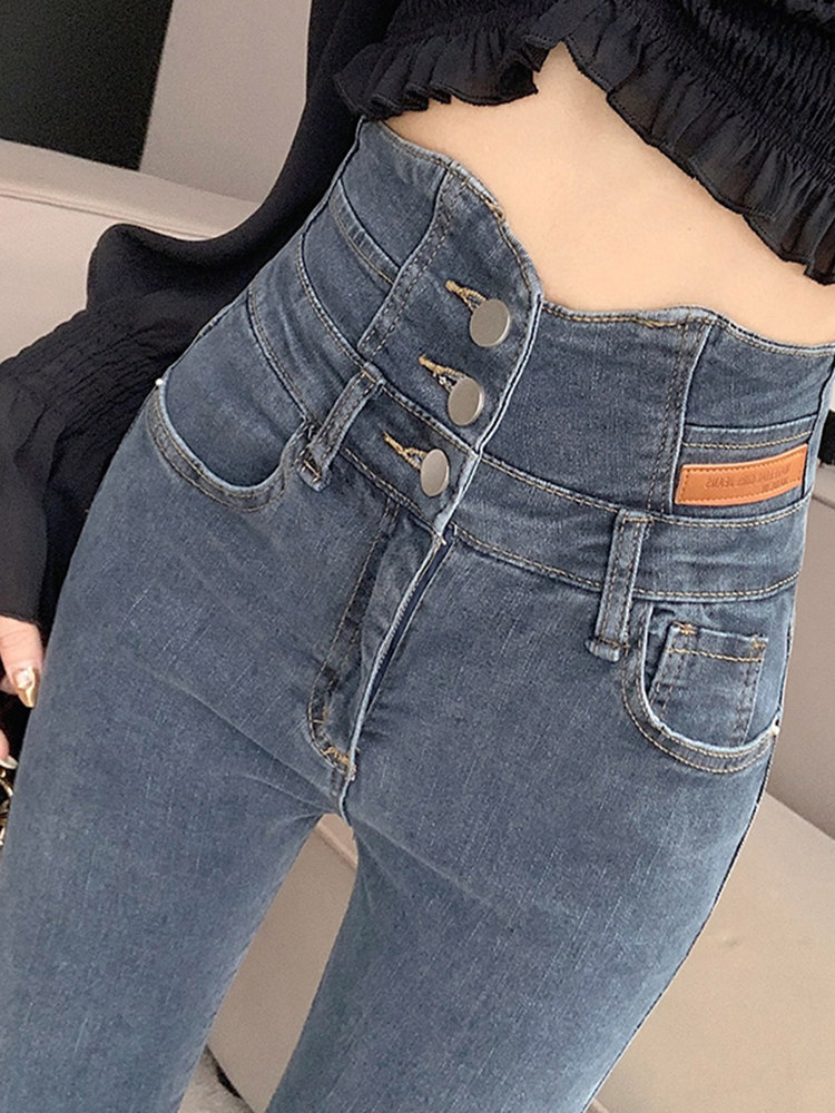 小脚牛仔裤女2024新款春秋款高腰显瘦修身收腹提臀加绒保暖铅笔裤