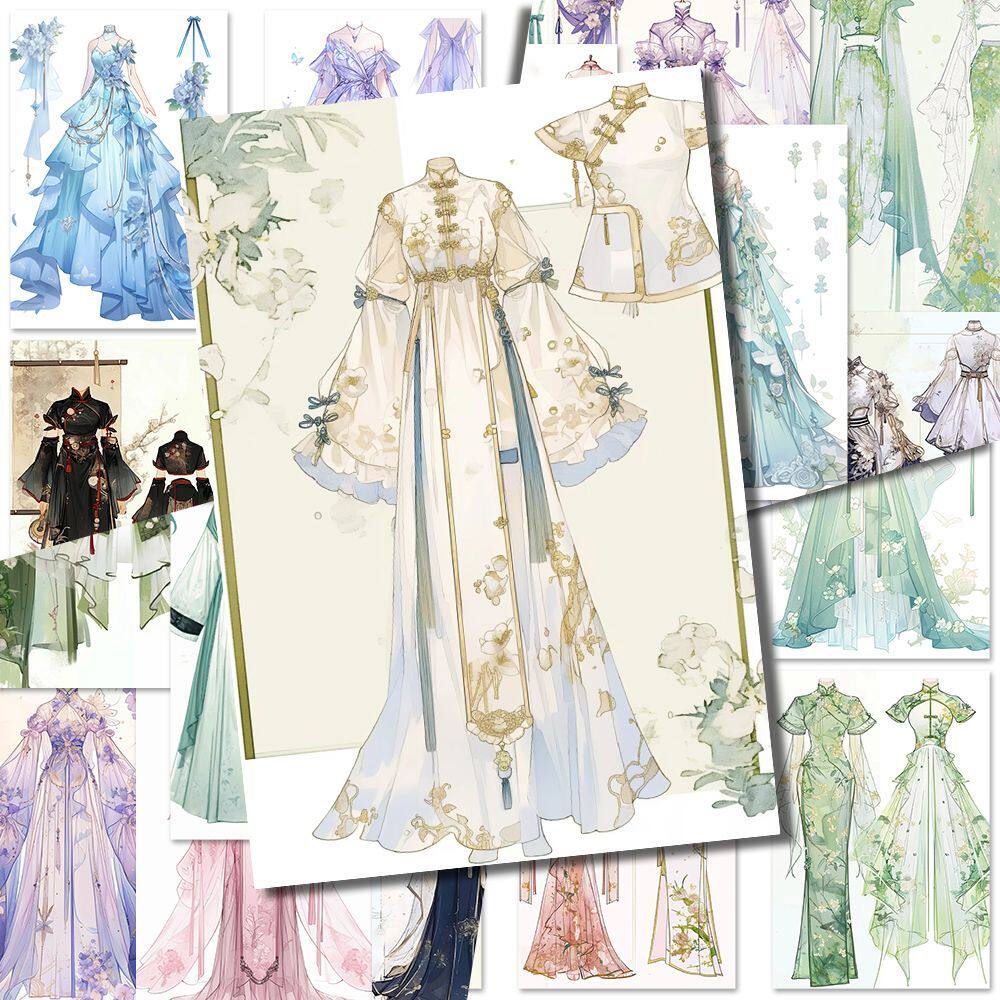 IO8张元素穿搭新礼服中式贴纸手账素材自粘贴diy装饰手机壳贴画