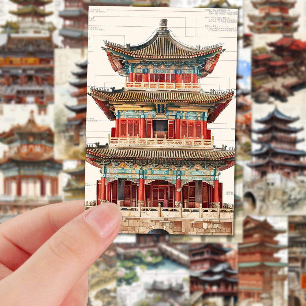 国风传统建筑贴纸东方美学古风阁楼设计DIY手机壳平板防水贴画纸