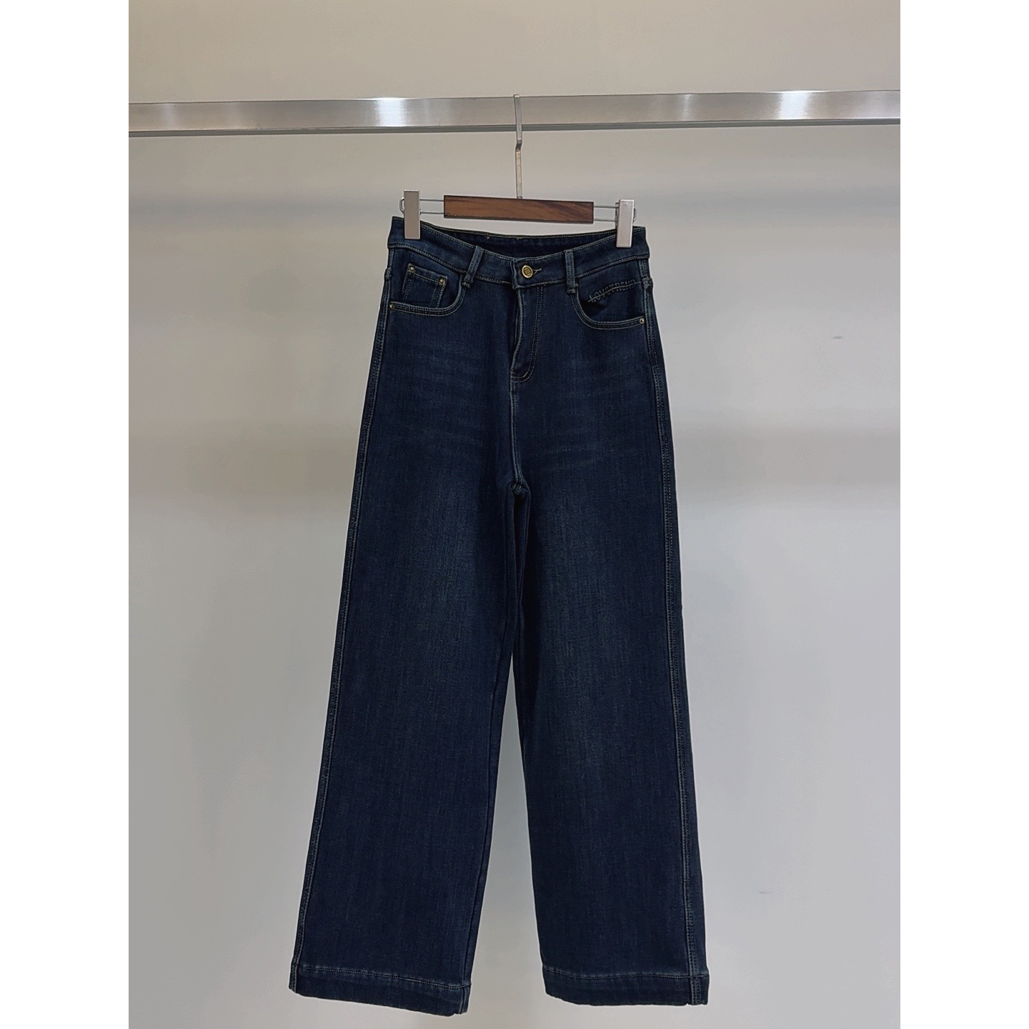 女款加绒加厚高腰阔腿直筒牛仔裤—蓝色—8889