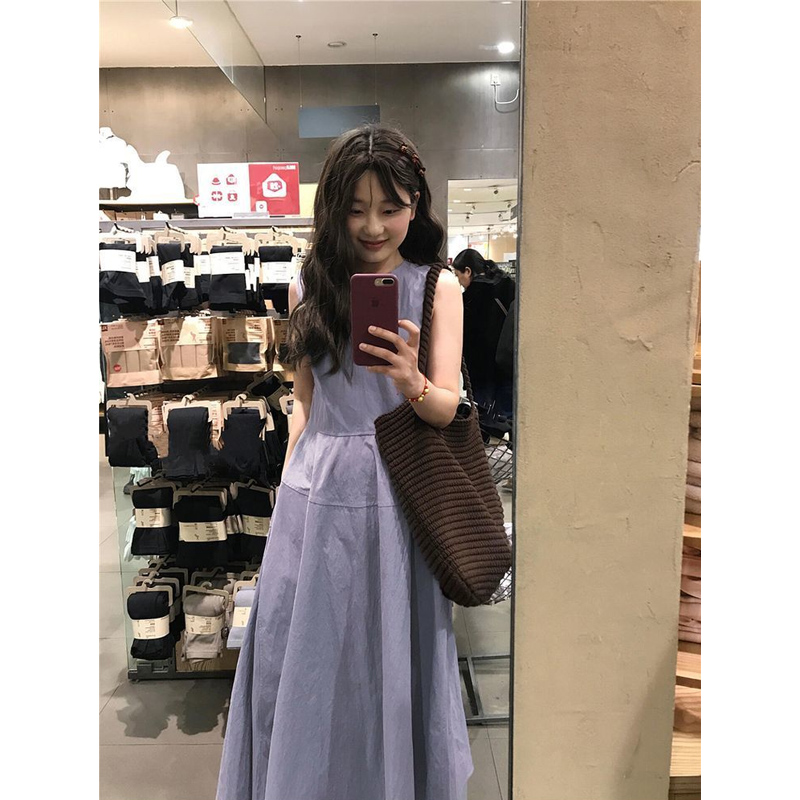 2025新款高级感紫色无袖背心连衣裙子女夏季海边度假收腰法式长裙