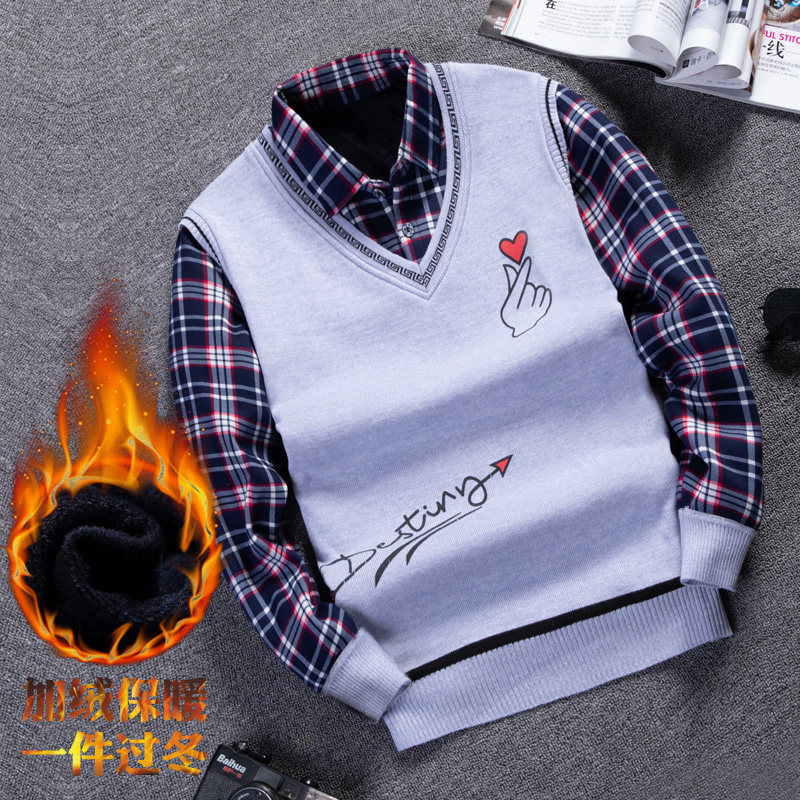 冬季男士毛衣衬衣领加绒假两件套头针织衫修身青少年加厚保暖毛衫