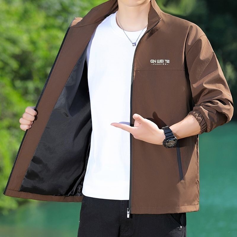 春秋季男商务休闲外套立领拼色印花夹克百搭时尚上衣男