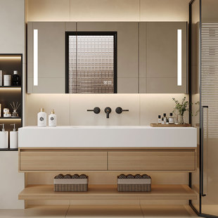 原木风可丽耐岩板热弯无缝一体盆橡木浴室柜组合洗脸洗漱台盆定制