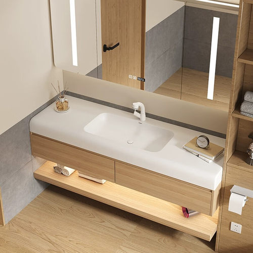 原木风可丽耐岩板热弯无缝一体盆浴室柜组合实木定制洗脸洗漱台盆