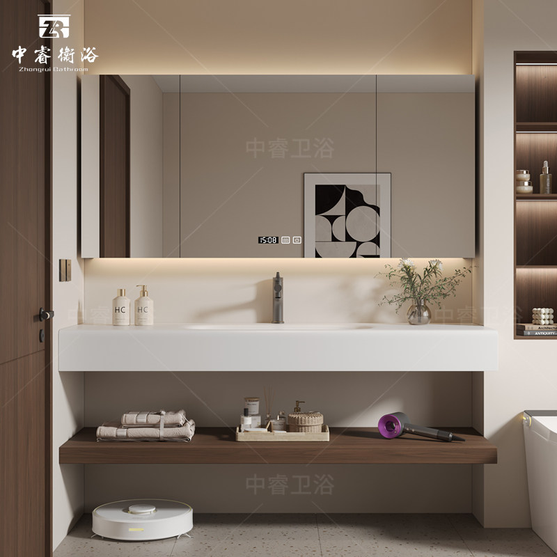 极简可丽耐岩板热弯无缝一体盆单层板浴室柜组合洗脸洗漱台盆定制,家装主材,浴室柜组合,淘宝优惠券,粉丝福利购,淘宝优惠卷