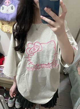 春夏季新款设计感可爱HelloKitty刺绣纯棉短袖t恤女韩版学生上衣