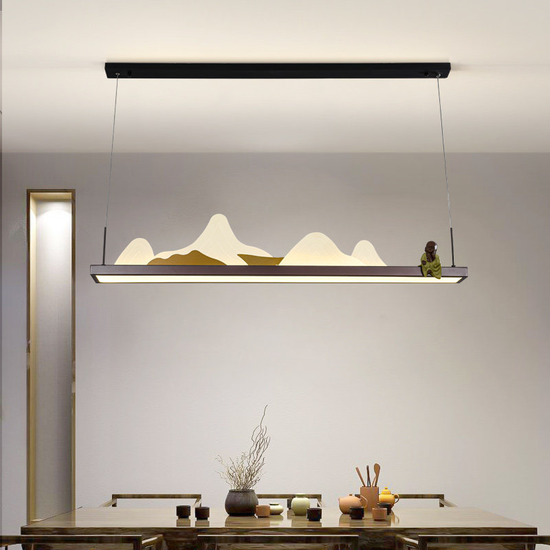 设计师简约新中式LED餐厅岛台吊灯长方形中国风别墅酒店民宿禅意