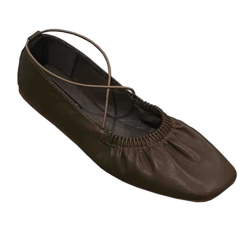 RUFFLED GRANNY SHOES WOMENS VERSATILE VINTAGE SOFT-SOLED SQUARE-TOE MARY JANE SHOES CROSS-STRAP LACE-UP BALLET FLATS