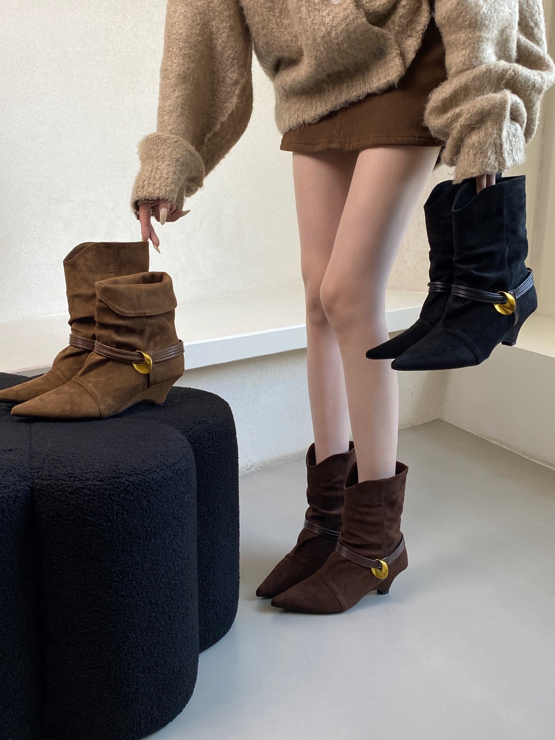 个性甜美金属扣一靴两穿西部牛仔堆堆靴女尖头时尚精致坡跟瘦瘦靴