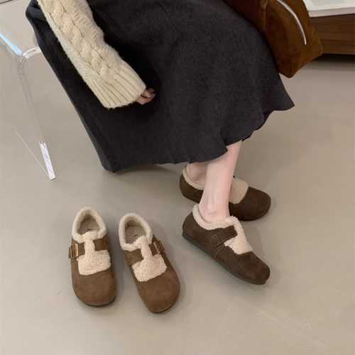 复古牛皮加绒保暖平跟勃肯鞋女