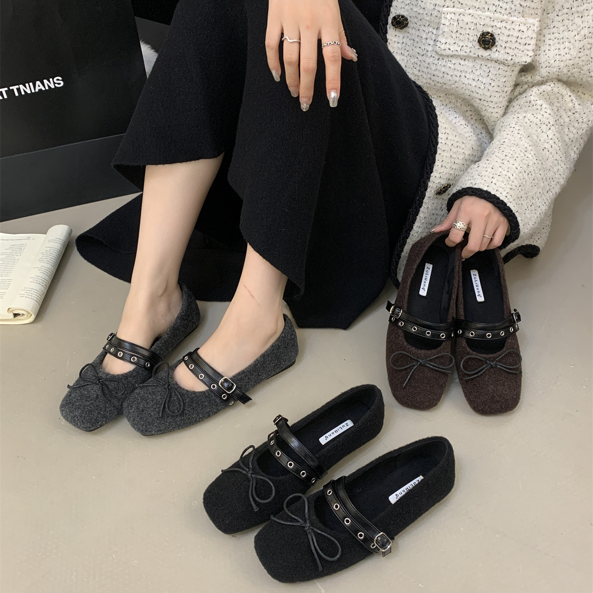 韩系软底蝴蝶结方头平底复古单鞋女温柔芭蕾风玛丽珍鞋加绒毛毛鞋