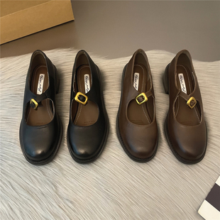 英伦风复古擦色小皮鞋女秋冬新款圆头粗跟一字扣带浅口玛丽珍单鞋