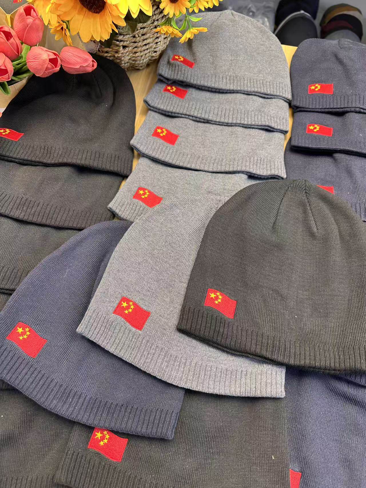 细线双层针织红旗刺绣帽男帽薄款运动帽男女可戴薄款保暖帽
