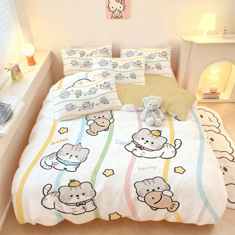 卡通美国短尾猫水晶绒四件套冬季保暖三件套男女生寝室宿舍单被套