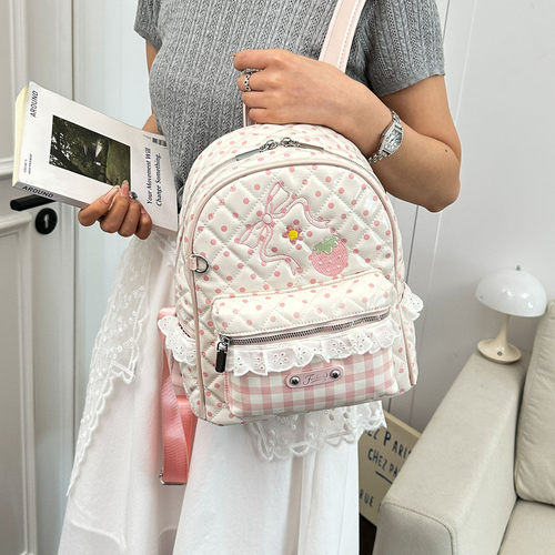 甜美波点菱格双肩包女2026夏季新款轻便大容量学生书包通勤背包