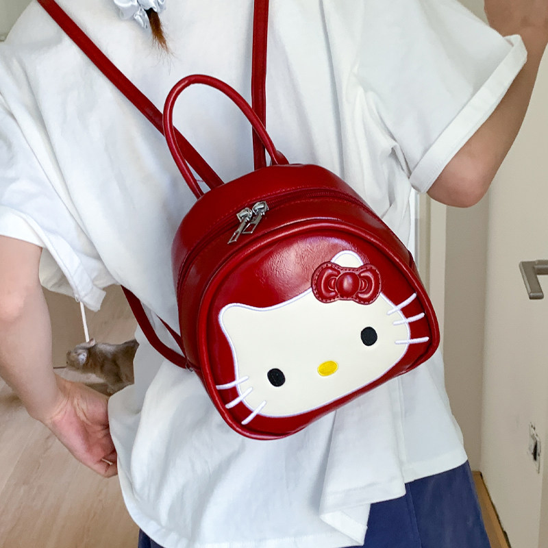 可爱猫咪少女红色双肩包2025春夏时尚新款流行休闲学院风小包包