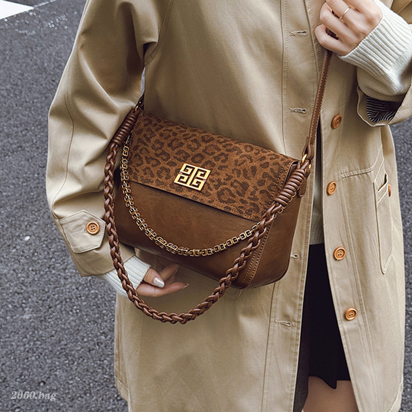 洋气时尚韩版新款豹纹链条单肩斜挎精致手提2025秋季女式小方包