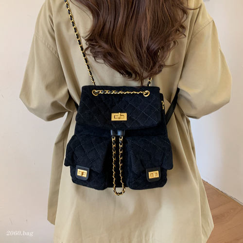 麂皮绒菱格链条双肩包包2025新款小香风女时尚潮学院风外出小包包