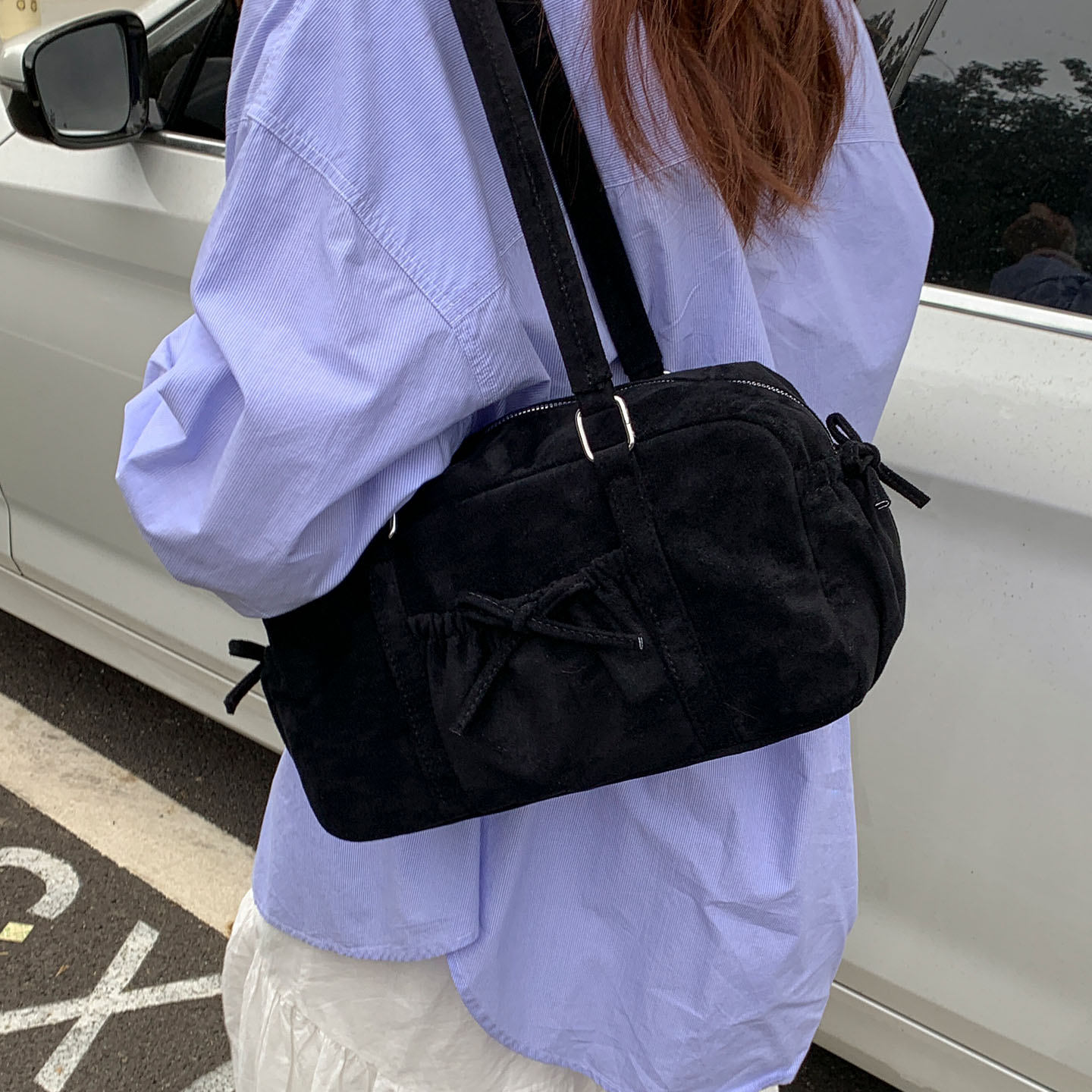 简约百搭气质麂皮绒保龄球包2025女时尚潮秋冬新款韩版单肩包包