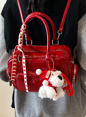 冬季新款红色圣诞节双肩包2025时尚潮流大容量学生包高级感单肩包