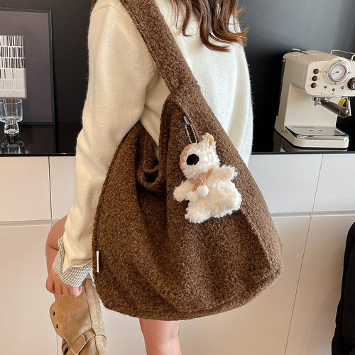 韩版ins大容量羊羔毛单肩包2025休闲气质秋季新款托特包正反可背