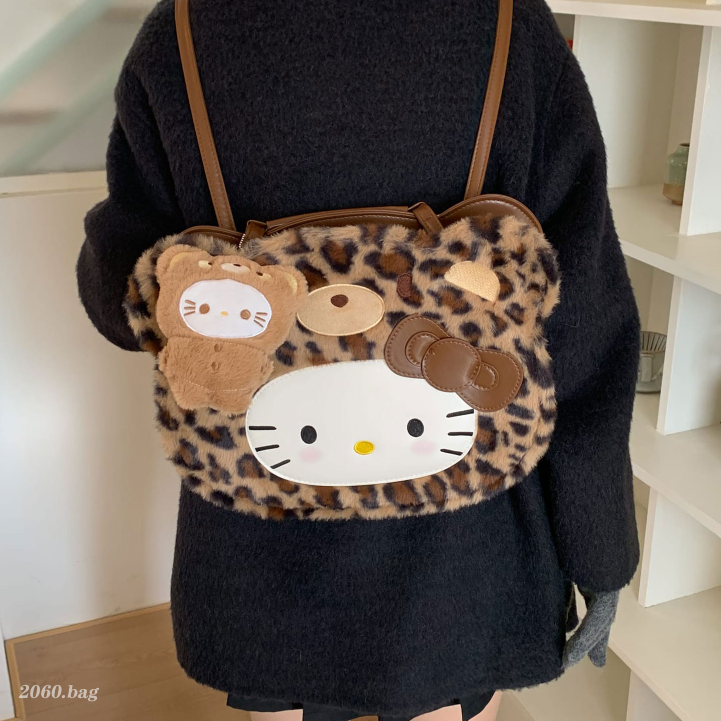 豹纹毛绒韩版ins2025新款托特包女可爱卡通斜挎包休闲上课双肩包