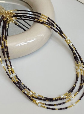 黑色小米珠碎银子串珠项链女小众设计复古百搭简约时尚锁骨链颈链