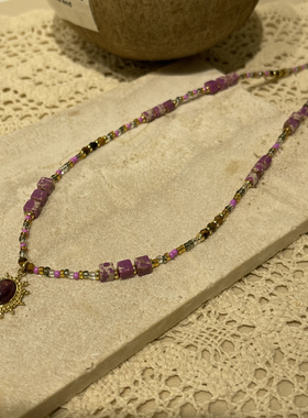 紫色天然石项链复古中式风轻奢饰品锁骨链