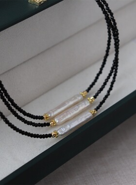 小银条天然巴洛克珍珠项链女设计感锁骨链颈链黑色尖晶石毛衣链
