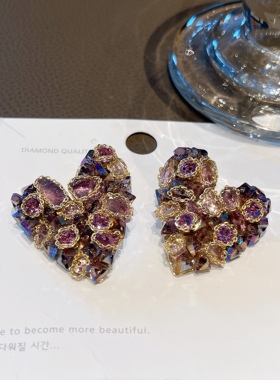 紫色爱心宝石耳环高级感18K真金小众重工轻奢耳钉纯银针气质耳饰