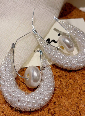 欧美风大女主网状珍珠大耳圈女气质白色耳环女轻奢个性高级感耳饰