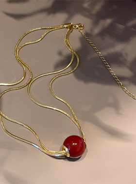 红色套装珍珠项链耳环小众设计高级感新年球球耳坠