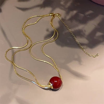 红色套装珍珠项链耳环小众设计高级感新年球球耳坠