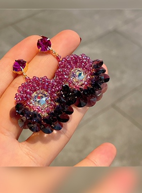 欧美重工轻奢紫色耳环个性高级感施华L水晶花朵复古气质耳坠耳饰