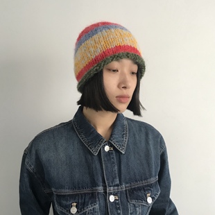 三环路彩虹包头帽秋冬新款韩系俏皮卷边针织帽保暖护耳冷帽