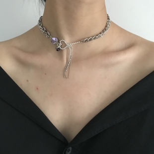 Q三环路紫色爱心流苏项链辣妹甜酷编织链条设计感简约颈链锁骨链