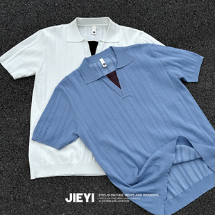 短袖 JIEYI 针织上衣夏季 拼接撞色假两件POLO衫 体恤 设计感轻奢个性