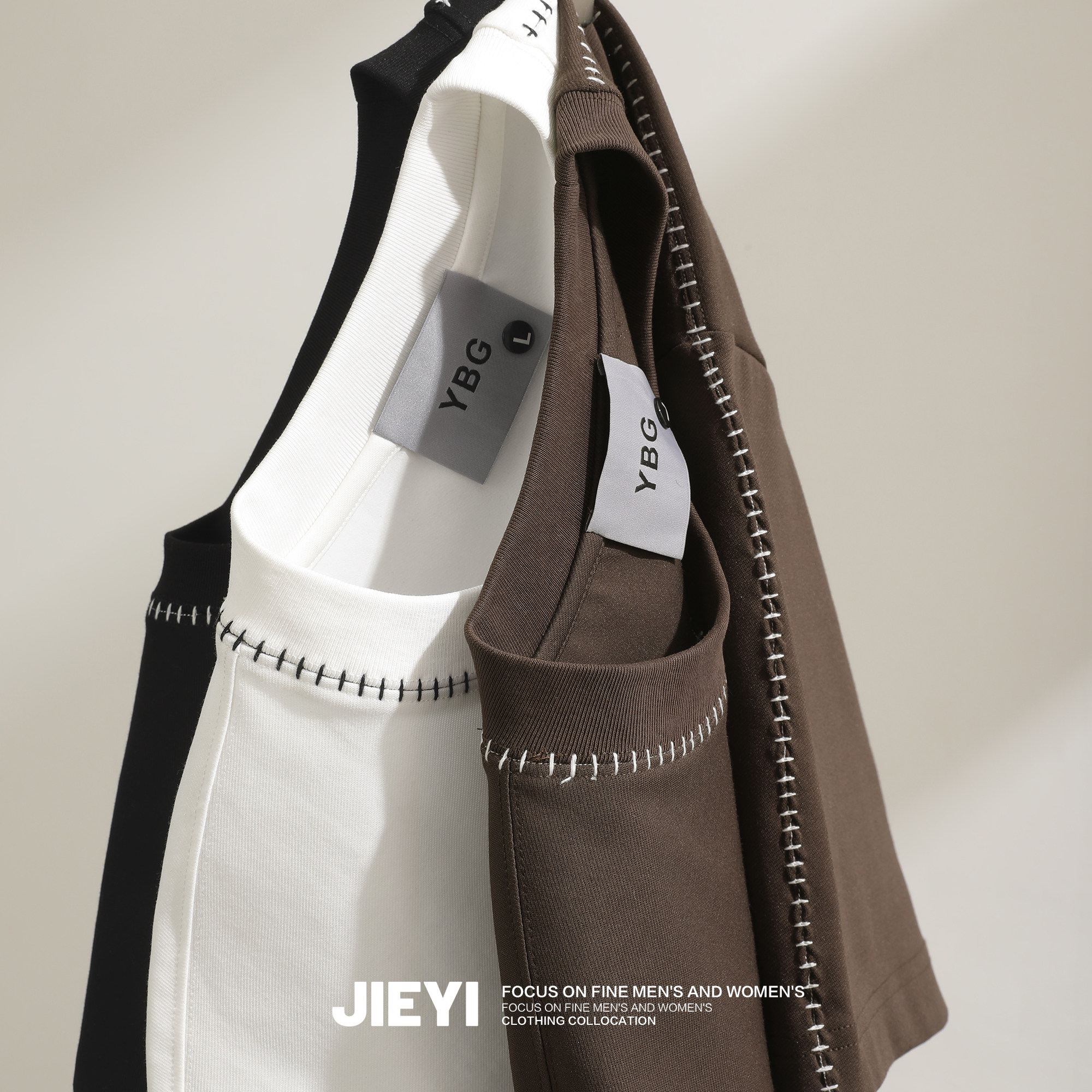 JIEYI 重磅百搭气质290克T恤男透气百搭异色车线短袖夏季新款上衣