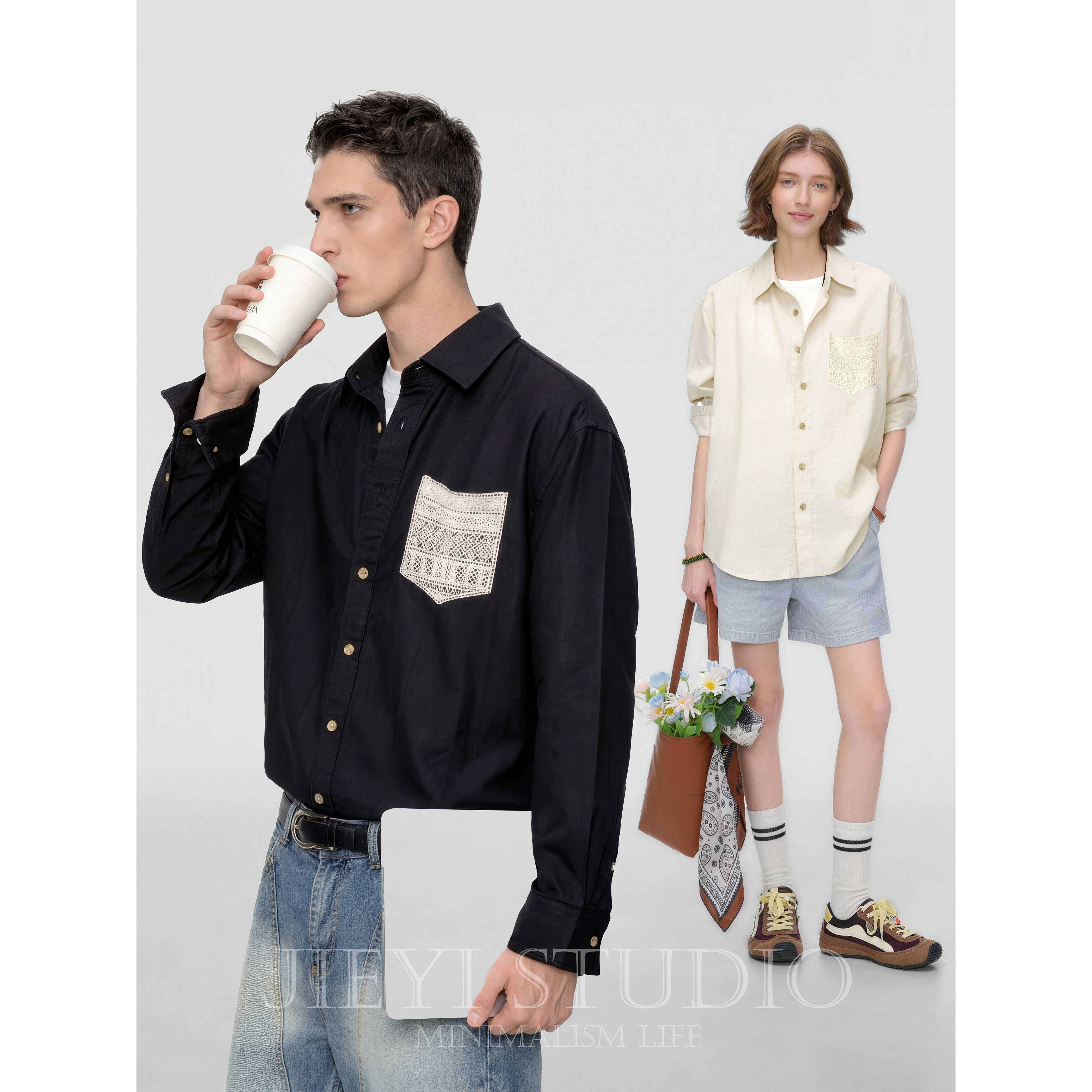 JIEYI 文艺清新感天丝莱赛尔亚麻衬衣民族针织勾花袋男士长袖衬衫