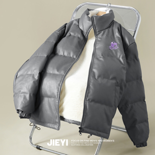 介乙 国标90鸭绒保暖机车皮衣复古美拉德加绒小熊刺绣御寒外套男