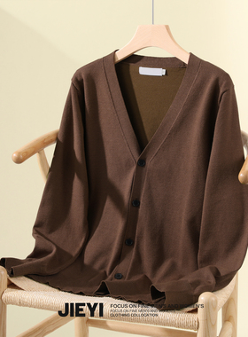 JIEYI 纯色V领韩系复古针织开衫男士叠穿百搭净版秋冬毛衣外套潮